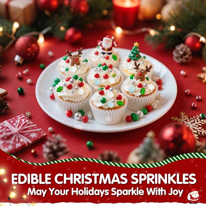 Edible Christmas Sprinkles for Cake Decorating,130gWhite and Blue Snowflake,White Candy Cane,Red Silver Pearls,Christmas Trees,Sugar Holiday sprinkle for Cupcake Toppers, Cookie, Ice Cream Decorations Winter Theme Party Supplies