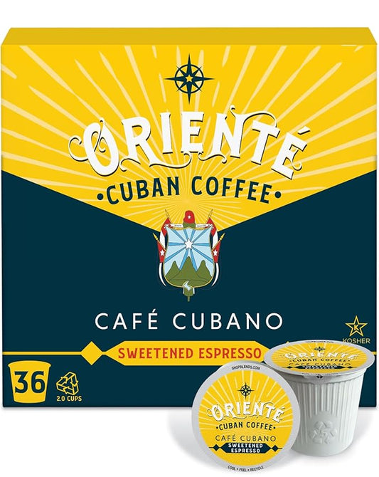 Oriente Sweetened Espresso Coffee Pods, 36 ct, Dark Roast Flavored Cuban Inspired in Recyclable Single Serve Pods - 100% Arabica Coffee, Compatible with Keurig K Cups Maker