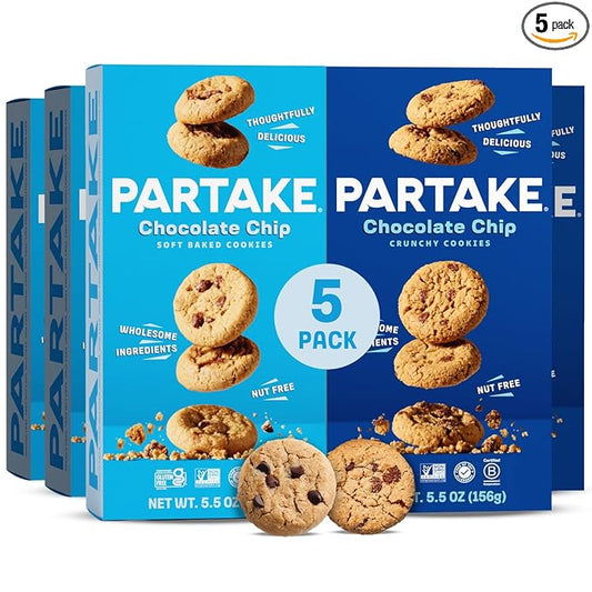 Partake Gluten Free Crunchy & Soft Baked Chocolate Chip Cookies Variety Pack - Vegan - Free From the Top 9 Allergens Including Dairy, Wheat, Soy, Eggs, & Peanuts - Non GMO - Safe School & Office Snack (5 Pack, 5.5oz Boxes)