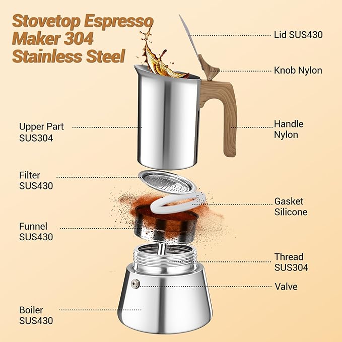 No Coating 4 Cup Moka Pot Thickened 304 Stainless Steel Stovetop Espresso Coffee Maker 200ml 6.8oz Mocha Percolator Greca Cuban Ideal for Making Rich Authentic Italian Caf챕