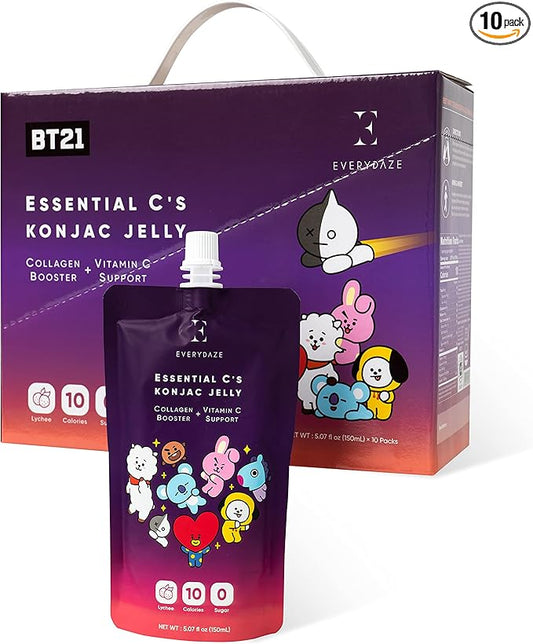 EVERYDAZE BT21 Essential C?셲 Konjac Jelly | Lychee | Vegan Collagen Peptides and Vitamin C | Gluten Free, Sugar Free, Low Calorie | Healthy Drinkable Fruit Snack | 10 Pack Box Food Drink Pouch