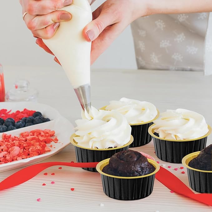 50 Pack Baking Cups with Lids, Aluminum Foil Cupcake Cups Muffin Liners, Disposable Foil Ramekins, Cupcake Holders Dessert Containers Mini Pudding Cups (Black Gold)