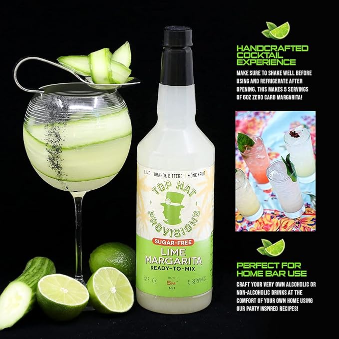 Top Hat Keto Sugar Free Lime Margarita Mix - Naturally Sweetened with Monk Fruit - Craft Mixer for Skinny Margarita Cocktail Drinks - 32oz Bottle