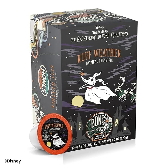 Bones Coffee Company Ruff Weather, Oatmeal Creampie Flavored Coffee Pods, Low Acid Medium Roast Single-Serve Bones Cups for K-Cups Brewers Coffee Maker from The Nightmare Before Christmas, 12 Count