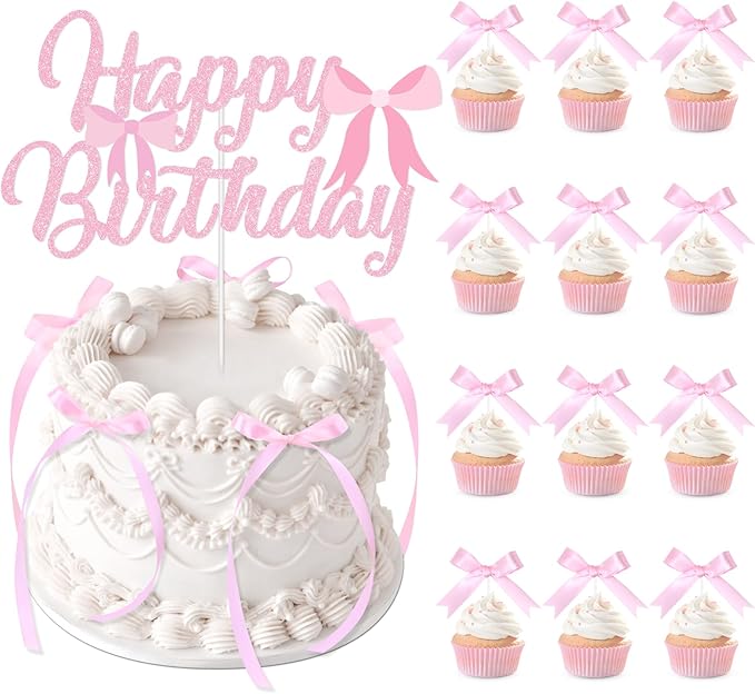 Pink Bow Cake Toppers, Happy Birthday Sign, 12Pcs Ribbion Bow Cupcake Toppers & 6Pcs Cake Toppers for Pink Bow Birthday Decorations, Baby Shower, Bridal Shower, Graduation Party