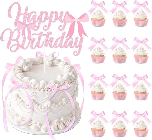 Pink Bow Cake Toppers, Happy Birthday Sign, 12Pcs Ribbion Bow Cupcake Toppers & 6Pcs Cake Toppers for Pink Bow Birthday Decorations, Baby Shower, Bridal Shower, Graduation Party