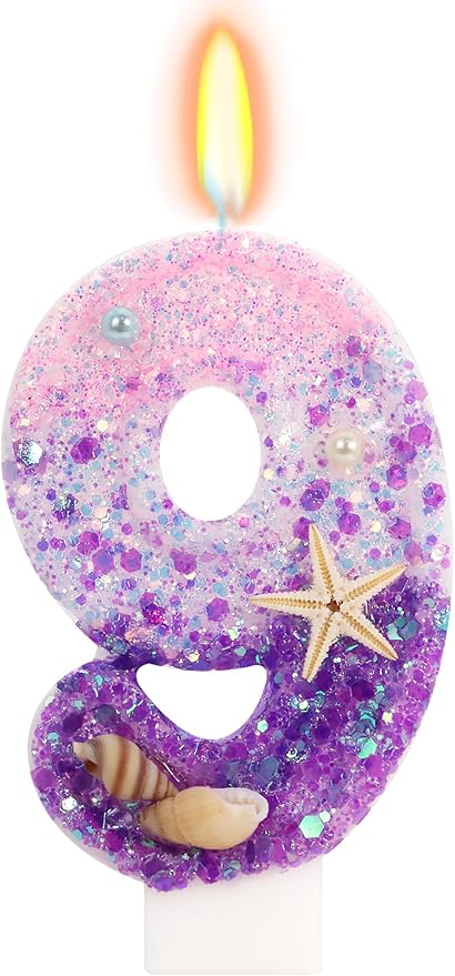 Purple Mermaid Party Number 9 Cake Candles, 2.76 inch Birthday Candle, Cake Topper Decoration for Birthday Party (Number 9)