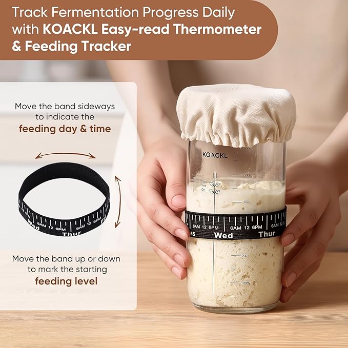Sourdough Starter Kit, 24oz Sourdough Starter Jar with Magnetic Bread Lame, Thermometer, Long Scraper, Cloth Cover & Lid for Sourdough Bread Baking Supplies