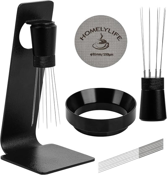 WDT Tools Espresso Puck Screen, 51mm Espresso Accessories Kit - 150關m Puck Screen Set, 0.25mm 316 Stainless Steel 8 Needles Coffee Distribution Stirrer, Portafilter Dosing Ring for Barista Black