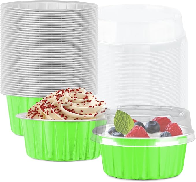 50 Pack Baking Cups with Lids, Aluminum Foil Cupcake Cups Muffin Liners, Disposable Foil Ramekins, Cupcake Holders Dessert Containers Mini Pudding Cups (Green)