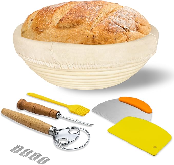 Sourdough Proofing Basket Kit: Banneton Single Natural Rattan Bread Basket with Linen Liner - Reusable & Dishwasher Safe Sourdough Baking Tools for Beginner Bakers