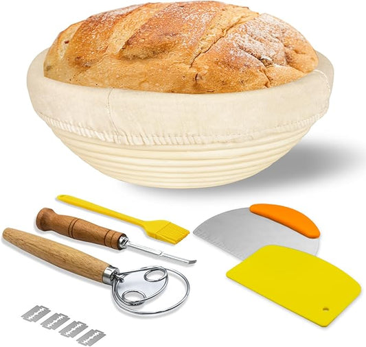 Sourdough Proofing Basket Kit: Banneton Single Natural Rattan Bread Basket with Linen Liner - Reusable & Dishwasher Safe Sourdough Baking Tools for Beginner Bakers