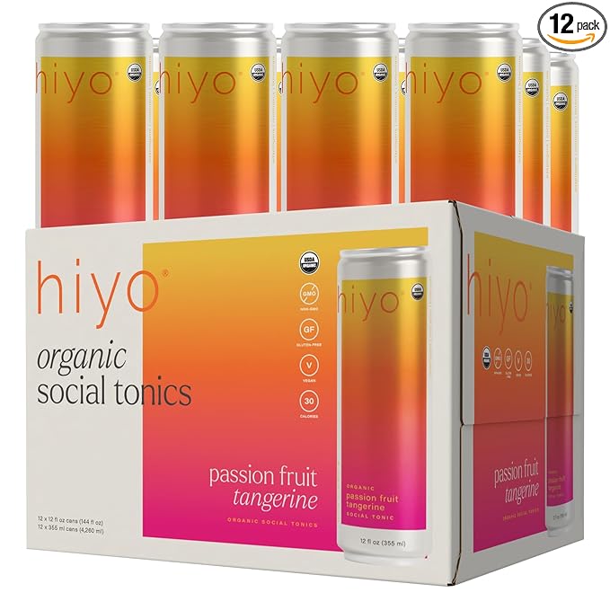 Hiyo Organic Social Tonic- Passion Fruit Tangerine, 12 Pack ??N.A. Functional Seltzer, Sparkling Water Crafted with Organic Adaptogens, Nootropics, & Botanicals