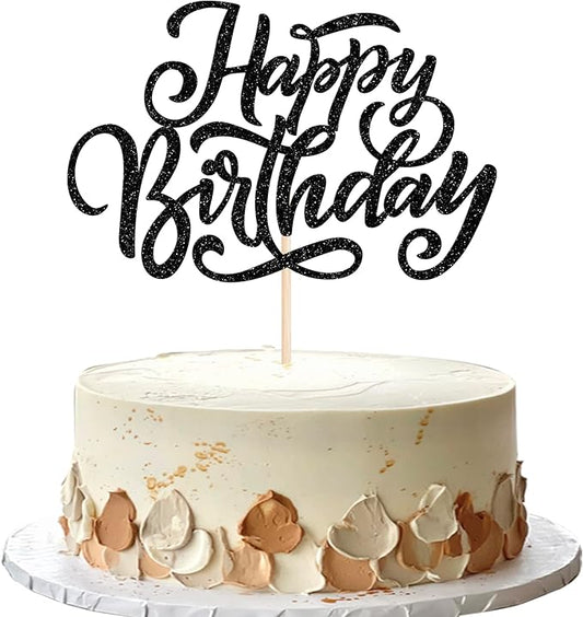 Rsstarxi 1 Pack Happy Birthday Cake Topper Glitter Men Women Birthday Cake Pick for Anniversary Celebration Party Decoration, Birthday Party Cake Decorations Supplies Black