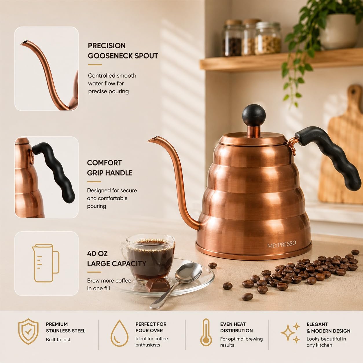 Mixpresso Gooseneck Pour Over Coffee Kettle, Barista Pour Control Design For Coffee & Tea