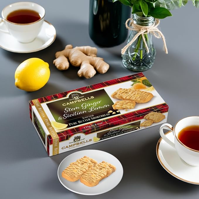 Campbells Shortbread with Stem Ginger & Sicilian Lemon 4.41 Oz (Pack of 3) - Pure Butter Scottish Shortbread Cookies from Scotland, Ginger Lemon Cookies, Gourmet British Tea Biscuits & Gift Box