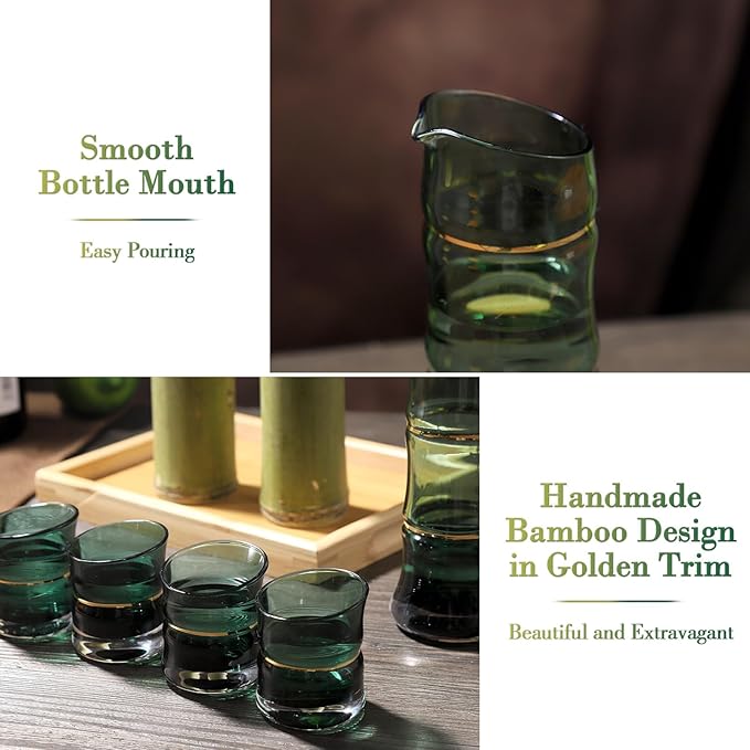 DUJUST Japanese Sake Set for 4, Bamboo Design in Golden Trim, 1 Sake Bottle, 1 Wooden Sake Tray, and 4 Sake Cups, Cold/Warm/Hot Sake Carafe, Special Japanese Gifts Set - 6 pcs (Gradient Green)