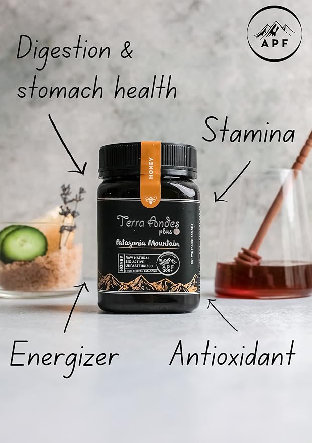 Patagonia Mountain Honey APF 100+ by TERRA ANDES PLUS | Raw natural organic honey. Highest bioactive grade. Made in Chilean Patagonia. 100% pure. NON Gmo. Awarded worldwide. Unfiltered Honey, 8.8 oz