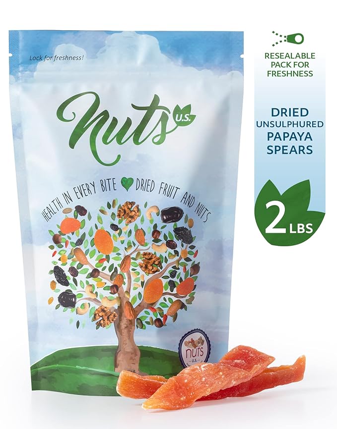 NUTS U.S. - Dried Papaya Spears (Unsulphured) | Low Sugar. Lightly Sugar Coated | No Color Added | Packed in a Resealable Bag!!! (2 LBS)