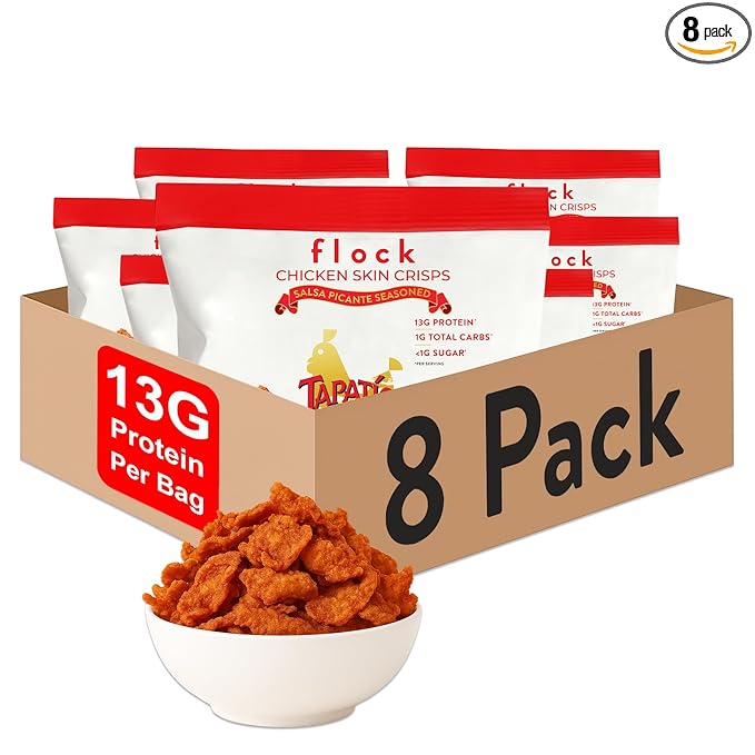Flock Keto Chicken Skin Chips | Tapatio Flavor | Low Carb, High Protein, Sugar Free, Gluten Free Fried Chicken Skins for People | (1oz) 8-Pack Crispy Flock Chips
