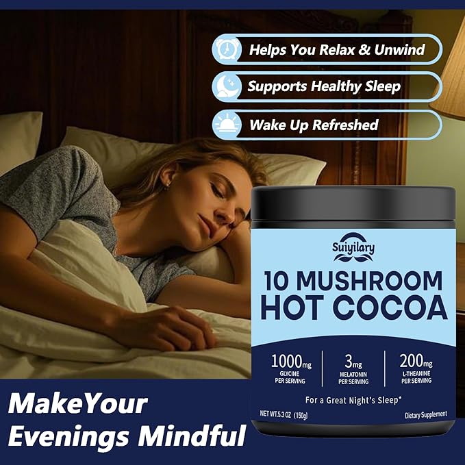 10 Mushroom Hot Cocoa, 3mg Melatonin Sleep Supplement, Sugar Free Keto Cocoa Powder, Nighttime Drink, 1000mg Glycine, 200mg L-Theanine, Help Fall Asleep and Stay Asleep, 15 Servings