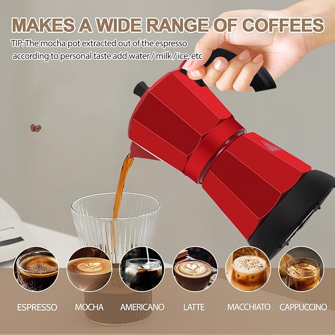 Aluminum Electric Moka Pot 5-6 Cup 270ml Express Coffee Maker Stovetop Espresso Portable Coffeemaker Italian Classic Brewing Greca Cafe Mocha with Removable Base and Overheating Protection Machine