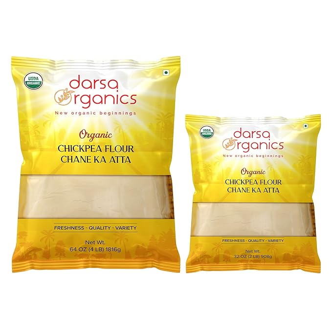 Darsa Organics Gram Flour - 2 lb Besan, Premium Grade USDA Organic Certified Chickpea Flour for Baking, Cooking & Skin Care, Chemical Free, Non-GMO, Vegan, Kosher, Ideal for Gluten Free Diets & Face Masks
