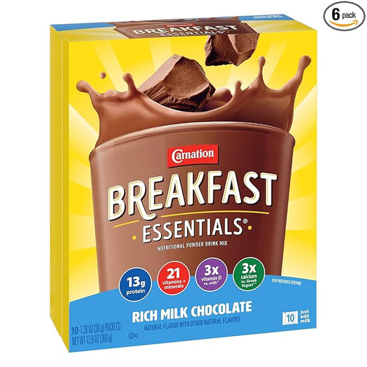 Carnation Breakfast Essentials Powder Drink Mix, Rich Milk Chocolate, 10 Count Box of 1.26 Ounce Packets (Pack of 6)