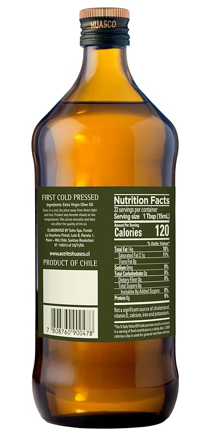Extra Virgin Olive Oil by HUASCO |First Cold Press - From Chile, 16.9 Fl Oz (500 Ml) - 4 pack