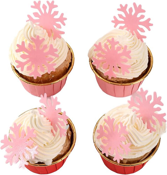 50PCS Edible Snowflakes Cupcake Toppers Pink Snowflakes Cake Decorations Wafer Paper Snowflake Cake Sprinkles for Christmas Winter Holiday Frozen Theme Party Supplies Pink-01