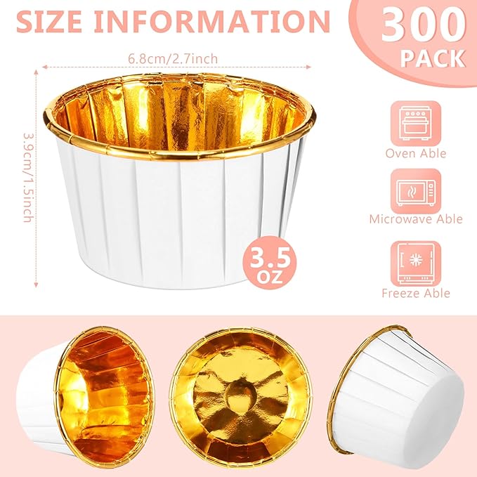 300 Pack White Gold Cupcake Liners Bulk Disposable Foil Muffin Cups 3.5 oz Wrappers for Baking Aluminum Paper Mini Metallic Disposable Holiday Party Wedding Festival Supply