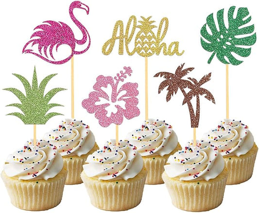 24Pcs Tropical Cupcake Toppers, Luau Cake Topper Aloha Cupcake Picks Pineapple Flamingo Cupcake Decorations for Hawaiian Luau Theme Baby Shower Birthday Party Supplies (Aloha A)