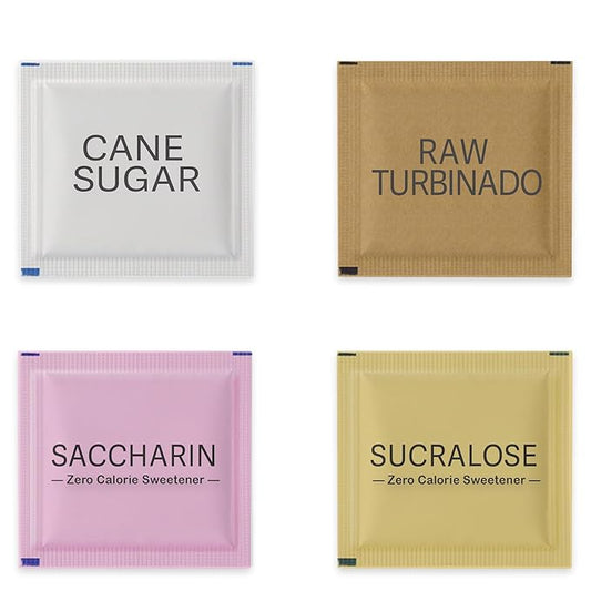 Variety Pack Sweeteners - Assorted mix for Tea, Coffee & Beverages ??Includes Saccharin, Sucralose, Raw Brown & White Sugar ??Convenient, Individually Wrapped Packets (400 Count Total)