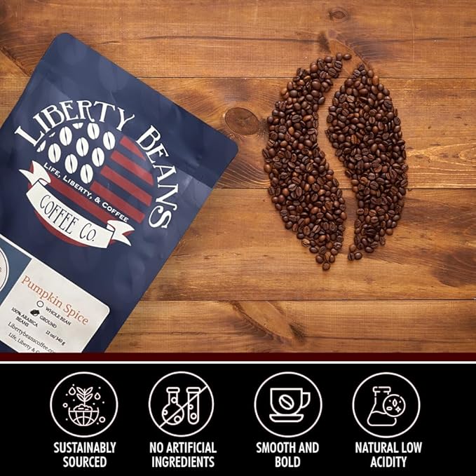 Liberty Beans Coffee Flavored Ground Coffee | Smooth Medium Roast, Low Acid | 100% Arabica Beans | Rich, Cozy Flavor | Boosts Energy & Wellness | Fair Trade, Organic, 12oz (2 Pack, Pumpkin Spice)