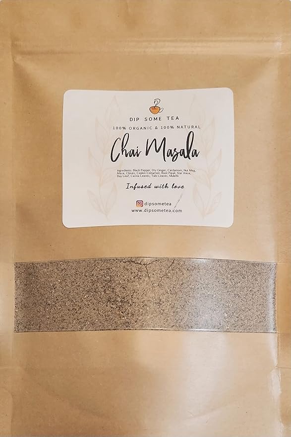 Organic Chai Masala 2 Oz, 57gm, Tea Spices, Indian Chai Masala, DipSomeTea, 100% Natural Pure Ingredients, Cardamom, Ginger, Pepper, Ceylon Cinnamon, Nutmeg, Mace, Cloves, Tulsi, Star Anise, Mulethi, Root Pipali, Bay Leaf, Cassia Leaves