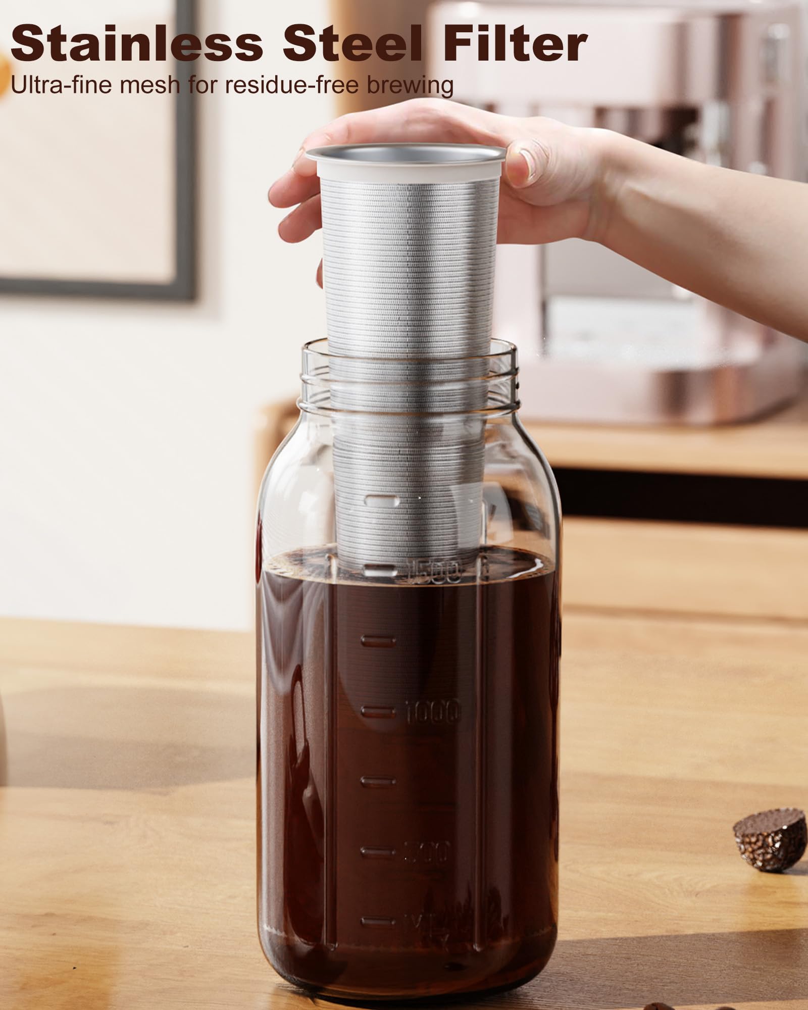 VA1KENE 64 oz Cold Brew Coffee Maker, Mason Jar Pitcher with 304 SS Filter