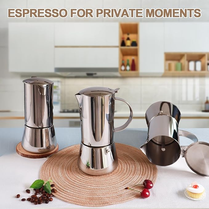 Uncoated 6 Cup Moka Pot 304 Thickened Stainless Steel Coffee Maker Stovetop Espresso Coffeemaker Italian Classic Style Brewing Greca Cafe Mocha Machine for Cafeteras Camping Travel Home 300ml 10oz