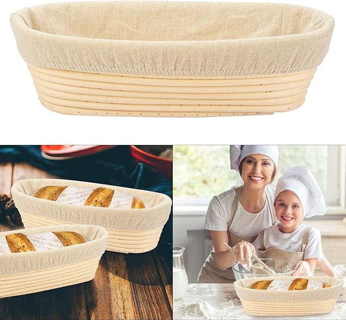 2 PCS 10 inch Oval Long Banneton Brotform Bread Dough Proofing Rising Rattan Basket & Liner for Professional & Home Bakers