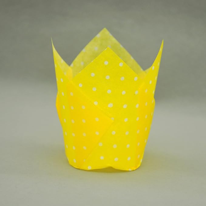 Large Muffin Greaseproof paper Baking cupcake cups, 2-1/4" x 4" Yellow printed with Polka Dot Tulip Baking Cup(Large) (125pcs)
