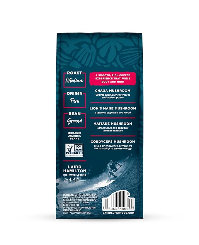 Laird Superfood Peruvian Medium Roast Coffee with Functional Mushrooms, Certified Organic Peruvian Ground Coffee Beans, Gluten-Free, Dairy-Free, Non-GMO, Paleo, Keto Friendly, 12 oz. Bag