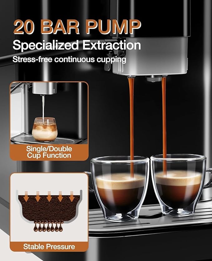 Fully Automatic Espresso Machine with Self-Cleaning Function, Brewing System and Automatic Milk Frothing System, 6 One-Touch Programs, 1.5L Detachable Water Tank for Home/Office Use, Black