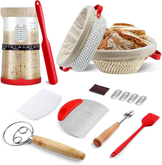 Sourdough Starter Kit,Gift for Bakers Sourdough Bread Baking Supplies,34oz Starter Jar, 2 Cotton Rope Proofing Baskets & More for Sourdough Starter Bread Making Baking Fermentation