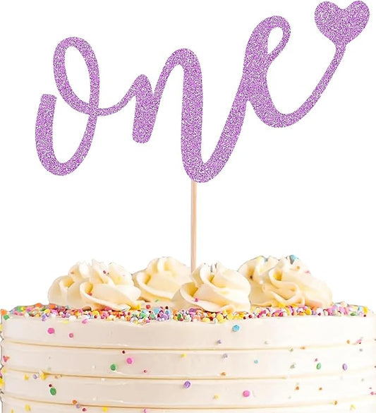 First Birthday Cake Topper - Light Purple Glitter Love One Birthday Cake Decorating Supplies, Perfect for Baby Shower/Gender Revealing Party/Baby Party Photo Booth Props