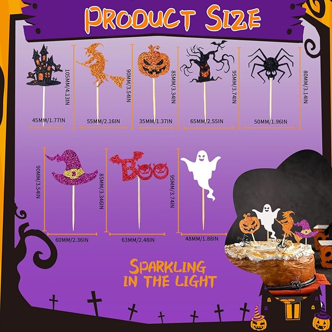 24pcs Halloween Cupcake Toppers Ghost Boo Glitter Haunted House Pumpkin Witch Spider Cake Decoration for Ghost Theme Halloween Holiday Baby Shower Party Supplies