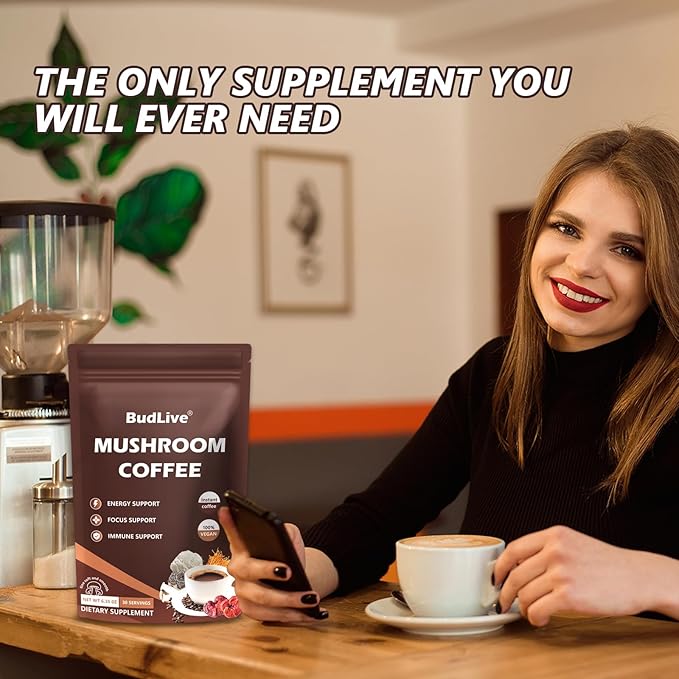 Mushroom Coffee - Instant Coffee Powder with Organic Lion?™s Mane, Reishi, Cordyceps, Turkey Tail, King Trumpet & Shiitake, Adaptogenic 6 Mushrooms for Energy, Digestion & Immune Support, 30 Servings