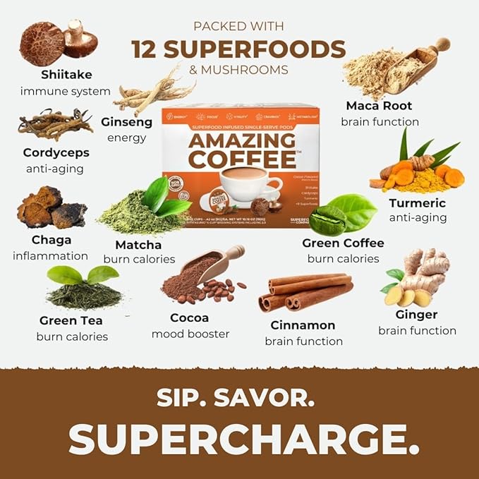 Superfoods Company Amazing Coffee- 12 Natural Superfoods - French Roast - Weight Loss & Brain Boost - Gluten Free, Non-GMO, Sugar Free, Vegan & Keto Friendly [48 Pods] [Cocoa]