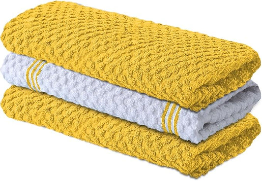Infinitee Xclusives Premium Kitchen Towels ??Pack of 3, 100% Cotton |15 x 25| Inches Absorbent Dish Towels - Terry Kitchen Dishcloth Towels - Yellow Dish Cloth for Household Cleaning