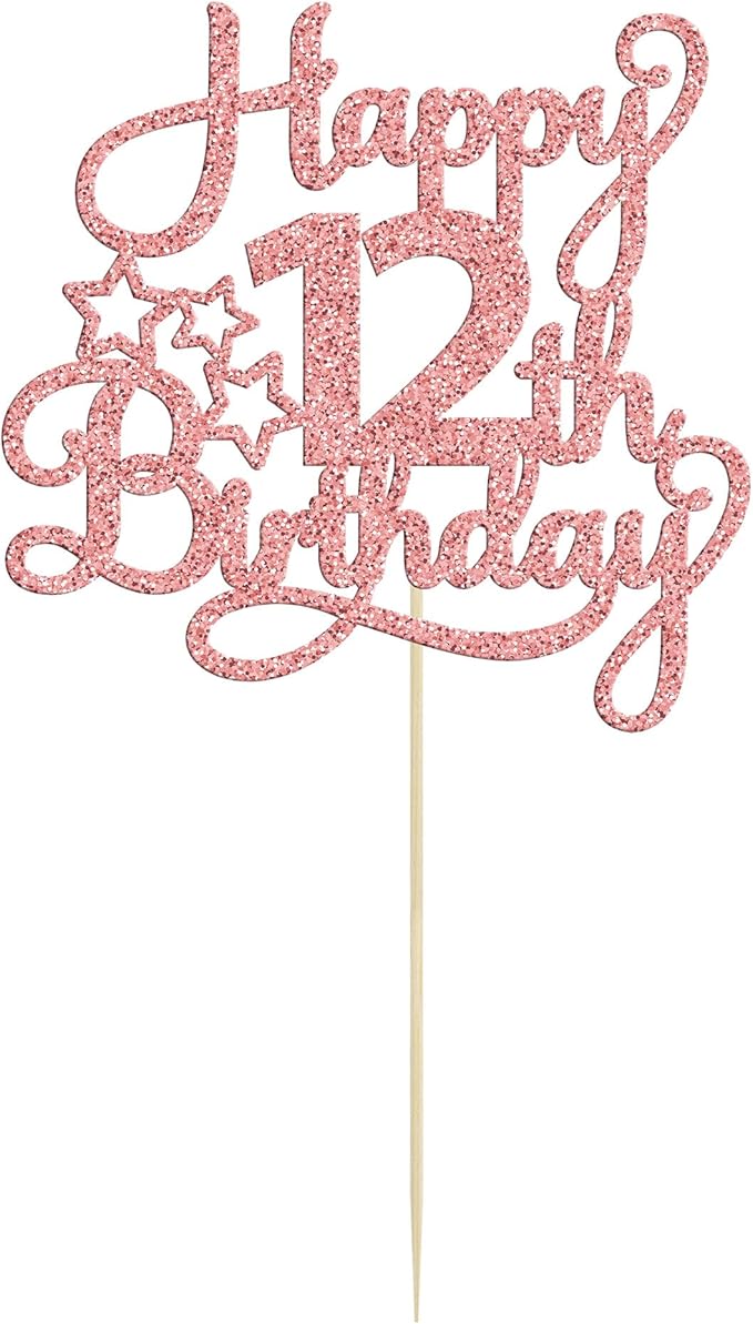 1 Pack Happy 12th Birthday Cake Topper Glitter Heart Star 12 Fabulous Cake Pick Birthday Sign Cake Decorations for Children 12th Birthday Theme Party Supplies Rose Gold