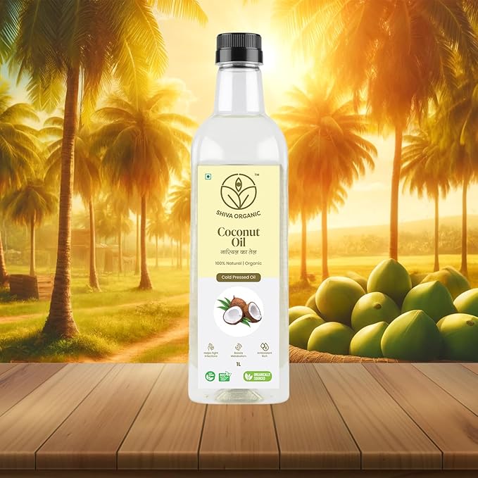 Shiva Organic Cold-Pressed Coconut Oil - 100% Natural, Certified Organic - 1L (33.8 fl oz) for Cooking, Beauty, and Holistic Wellness