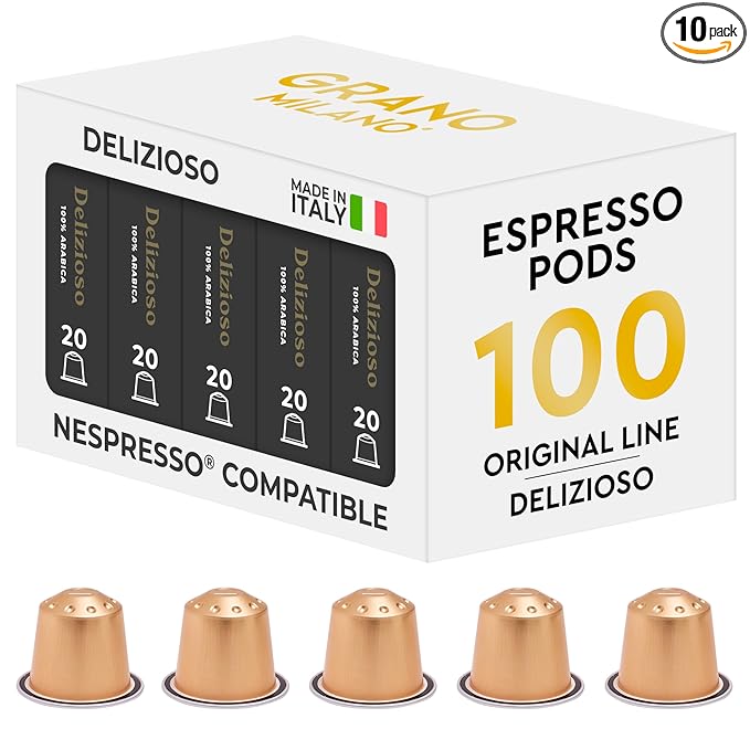 Grano Milano Delizioso Coffee Capsules - 100 Aluminum Coffee Pods Compatible with Nespresso Original line,100% Arabica Medium Roast - Intensity 6/12, Made in Italy